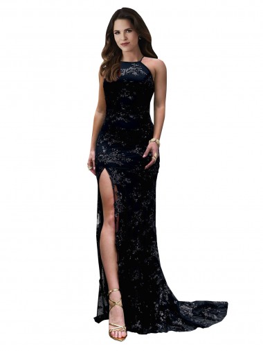 Buy High Neckline Lace Open Back Prom Dress with High Slit