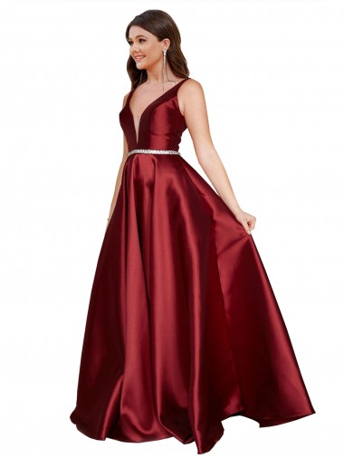 Buy Sleeveless Deep V-Neck A-Line Satin Prom Dress with Pockets