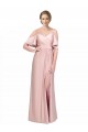 Draped Cold Shoulder Sleeves Long Silky Satin Prom Dress with Slit and Tie Back