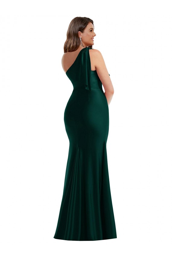 Cascading Bow One Shoulder Silky Satin Mermaid Prom Dress with Front Slit