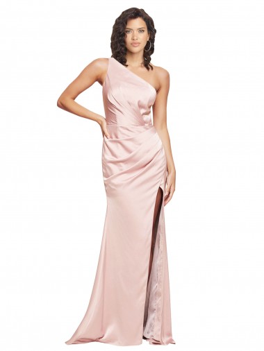 Buy Full Length Ruched Silky Satin Prom Dress with Low Back and High Split