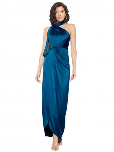 Buy High Halter Neck Silky Satin Prom Dress with Sash Overlay and Side Split