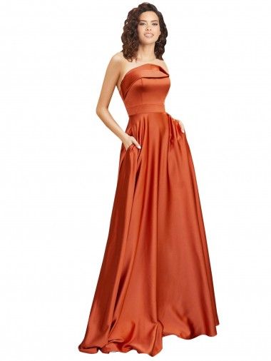 Buy Strapless Sweep Train Silky Satin Prom Dress with Pleats