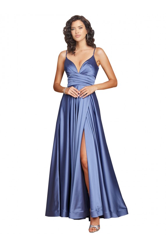 Deep V-Neck Sweetheart Long Silky Satin Prom Dress with Thigh High Slit