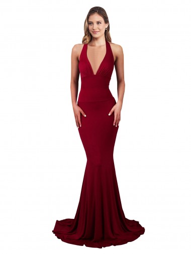 Buy Halter Mermaid Plunge V-Neckline Open Back Bow Tie Spandex Prom Dress