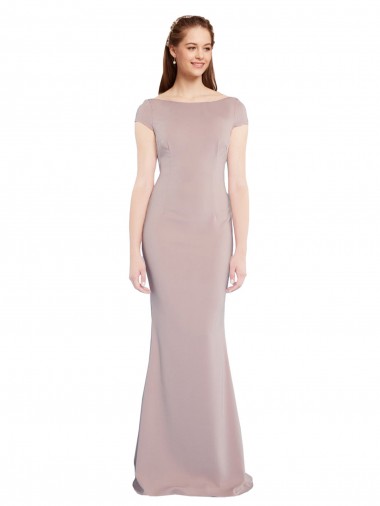Buy Boat Neck Cap Sleeve Crepe Prom Dress with Plunging Tie Back