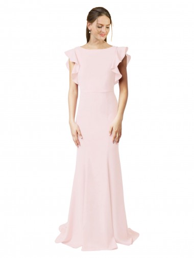 Buy Low V-Back Long Mermaid Crepe Prom Dress with Ruffled Sleeves