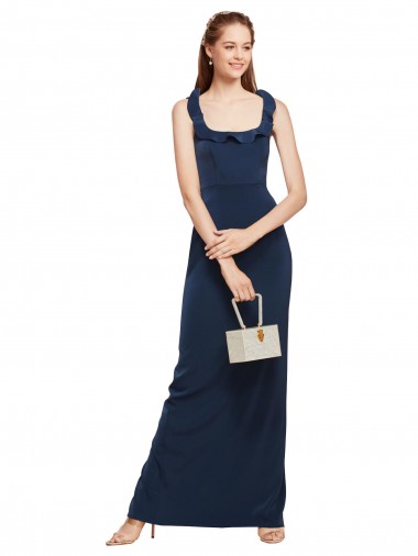 Buy Scoop Neck with Ruffles Long Crepe Prom Dress with Back Slit