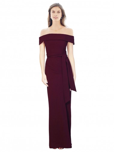 Buy Off the Shoulder Long Crepe Prom Dress with Waist Tie