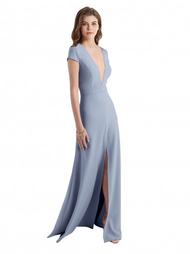 Buy Plunging V-Neck Cap Sleeves Stretch Crepe Prom Dress with Front Slit