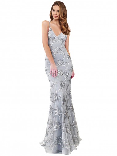 Buy Silver V-Neckline Backless Floral Patterned Sequin Prom Dress