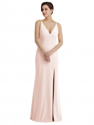 Buy Skinny Strap Deep V-Neck Trumpet Crepe Prom Dress with Front Slit