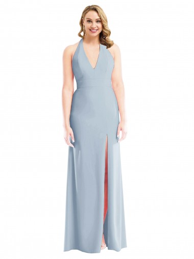 Buy Plunge Neck Halter Backless Trumpet Prom Dress with Front Slit