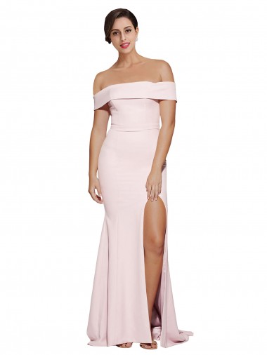 Buy Off Shoulder Long Crepe Prom Dress with Straight Neckline and Side Split