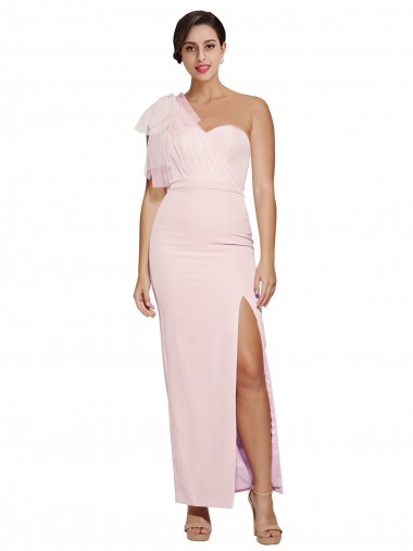 Buy One Shoulder Tulle Overlay Sweetheart Neckline Long Crepe Prom Dress with Thigh Split