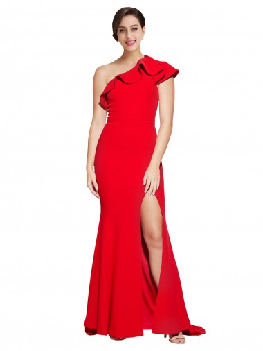 Buy One Shoulder Long Sweep Train Crepe Prom Dress with Thigh High Split