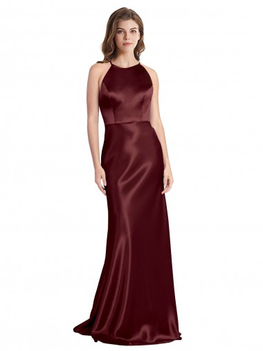 Buy High Neck Halter Long Sleeveless Stretch Satin Prom Dress with Strappy Back