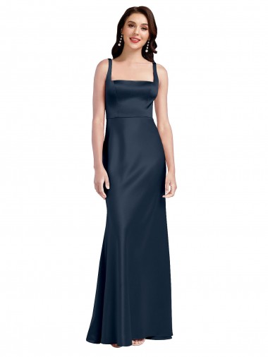 Buy Square Neck A-Line Long Stretch Satin Prom Dress with Wide Straps