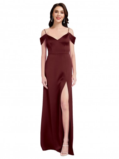 Buy Draped Off the Shoulder Sleeves Slim A-Line Stretch Satin Prom Dress with Side Slit