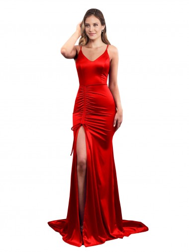 Buy Long Pleated Stretch Satin Prom Dress with High Slit