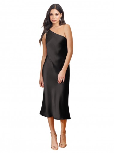 Buy Sleek One Shoulder Midi Length Short Stretch Satin Slip Cocktail Prom Dress / Homecoming Dress