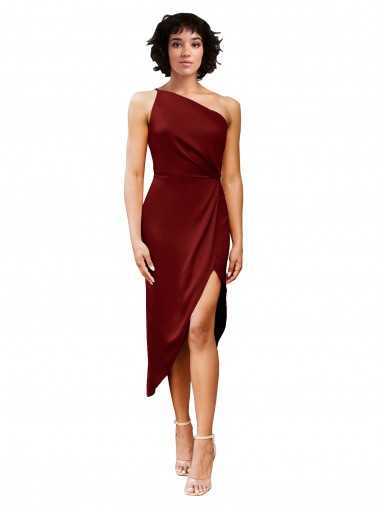 Buy One Shoulder Midi Length Short Stretch Satin Wrap Style Cocktail Prom Dress / Homecoming Dress