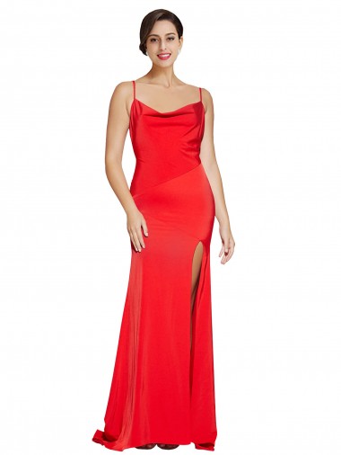 Buy Low Back Cowl Neck Stretch Satin Prom Dress with High Side Slit