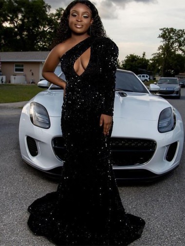 Buy One Shoulder Long Sleeves Long Sweep Train Velvet Sequin Prom Dress