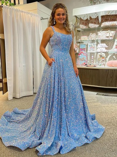 Buy A-Line Scoop Sleeveless Long Court Train Velvet Sequin Prom Dress