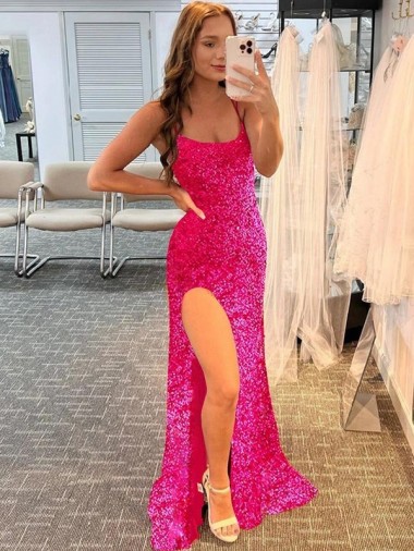 Buy Spaghetti Straps Sleeveless Long Velvet Sequin Prom Dress with Slit and Criss Cross Open Back