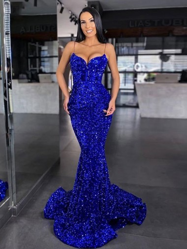 Buy Mermaid Spaghetti Straps Sleeveless Long Sweep Train Velvet Sequin Prom Dress