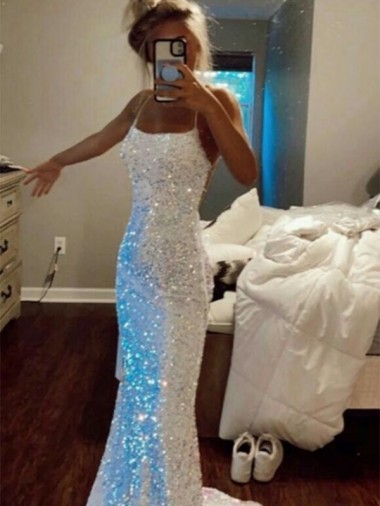 Buy Long Spaghetti Straps Sleeveless Sweep Train Velvet Sequin Prom Dress