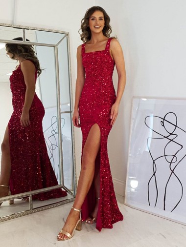 Buy Square Neck Sleeveless Long Velvet Sequin Prom Dress with Slit