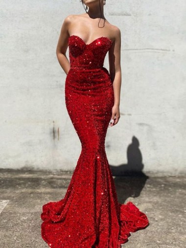Buy Mermaid Sweetheart Sleeveless Long Court Train Velvet Sequin Prom Dress
