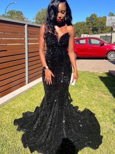 Buy Mermaid Sweetheart Sleeveless Long Floor Length Velvet Sequin Prom Dress