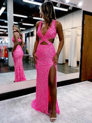 Buy Long V-Neck Sleeveless Sweep Train Velvet Sequin Prom Dress with High Slit