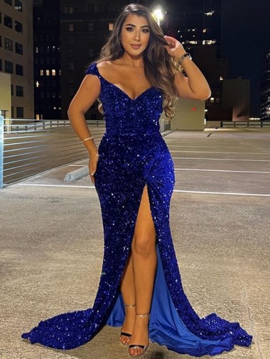 Buy V-Neck Sleeveless Long Sweep Train Velvet Sequin Prom Dress with Slit