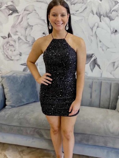 Buy Halter Sleeveless Short Velvet Sequin Prom Dress