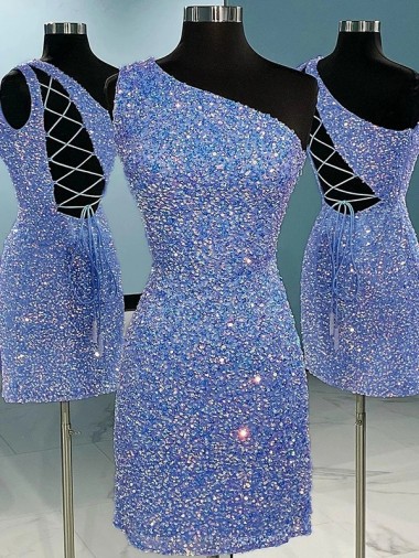 Buy Short Velvet Sequin One Shoulder Sleeveless Prom Dress