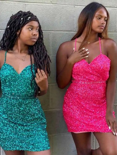 Buy V-Neck Sleeveless Short Velvet Sequin Cocktail Dress
