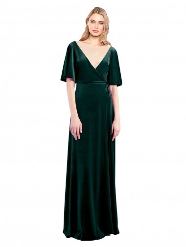 Buy Deep V-Neck Flutter Sleeves Long Velvet Wrap Prom Dress
