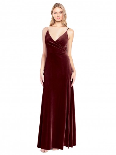 Buy Faux Surplice Neckline Slim A-Line Long Velvet Prom Dress