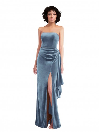 Buy Strapless Velvet Maxi Prom Dress with Draped Skirt