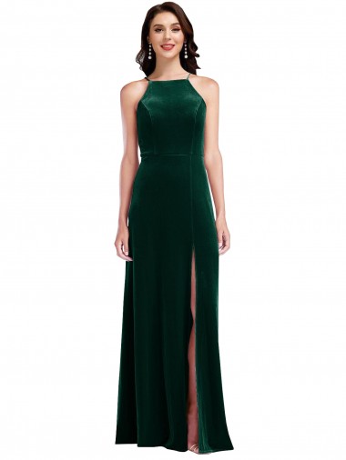 Buy Velvet Halter Maxi Prom Dress with Front Slit & Pockets
