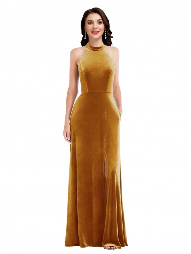 Buy High-Neck Halter Velvet Maxi Prom Dress with Front Slit