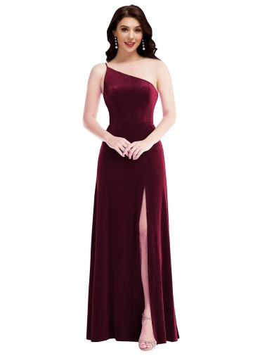 Buy One Shoulder Spaghetti Strap Velvet Maxi Prom Dress with Pockets