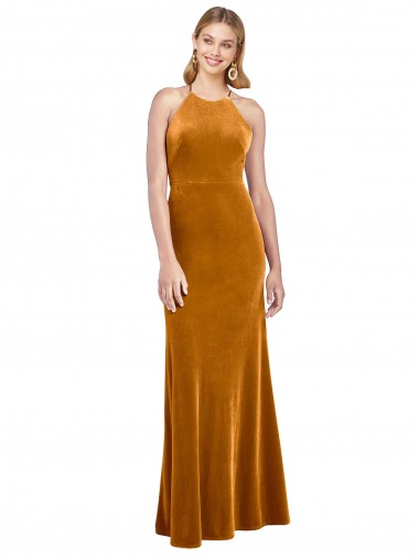 Buy Halter Neckline Long Full Length Velvet Prom Dress with Strappy Back