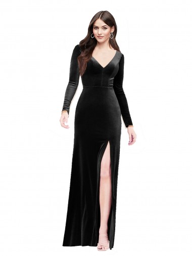 Buy Long Sleeves Velvet Prom Dress with V-Neckline and Thigh Slit