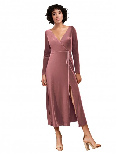 Buy Long Sleeve Velvet Faux Wrap Midi Length Prom Dress
