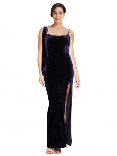 Buy Long Velvet Prom Dress with Side Thigh Split and Shoulder Tie